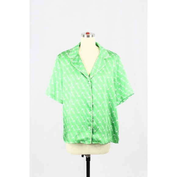 NWOT SANDRO Voillier Green Anchor Print Satin Pajama Playsuit Set, Size 3/42 - Picture 4 of 16